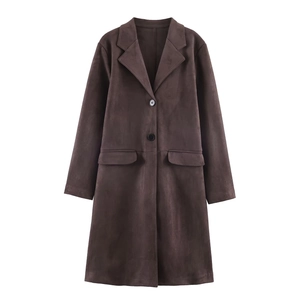 Women Long Faux Suede Jacket Solid Color Lapel Collar Button Up Casual Outerwear Coat For Autumn Winter