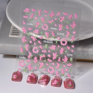 5D Embossed Nail Art Stickers Pink Floral Green Leaves Letter Adhesive Waterproof Manicure Decoration For Women