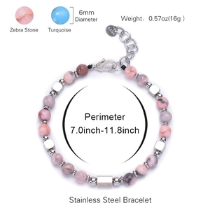 Adjustable stainless steel bracelet with 6mm square turquoise and zebra stone beads