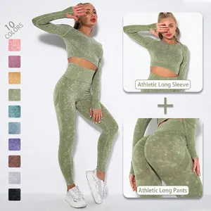 Seamless Acid Wash Yoga Top And Bottom For Women High Waist Tight Butt Lifting Long Sleeve Thumb Hole Gym Workout Nylon Blend Activewear
