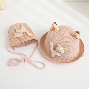 Pink straw hat and matching kitty bag set with 3D cartoon cat ears for girls