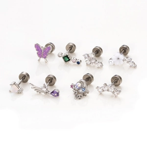 Lot de boucles d'oreilles en acier chirurgical avec papillon, cœur et opale