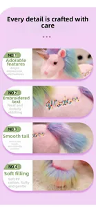 Close-up of pink unicorn plush toy showing soft PP cotton filling and wisdom embroidery