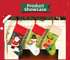 Detailed embroidery of Santa, snowman, and reindeer on linen Christmas stockings