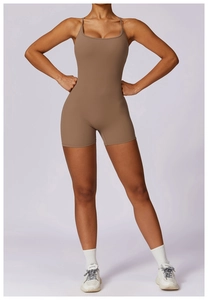 Detailed full-body view of brown quick-dry sports romper with thin straps and U-neck