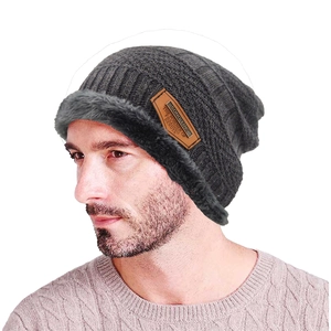 Bonnet Beanie Hiver Tricoté Polyester Doublé Fausse Fourrure Épais Chaud Protection Oreilles Patch Cuir Homme Femme