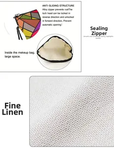 Detail of durable linen makeup bag with geometric pattern and smooth alloy zipper