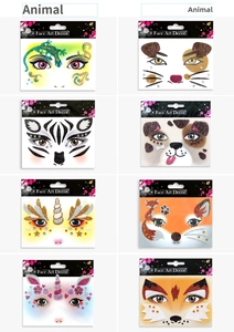 Detailed set of eight animal-themed face glitter stickers with rhinestones for parties