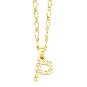 Macro view of gold-plated Figaro chain necklace with micro-pave zircon letter P pendant
