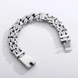 Men's vintage stainless steel curb chain bracelet with engraved six-word mantra symbols