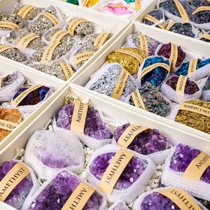 Natural crystal stone collection set featuring amethyst, pyrite and geode quartz gift box