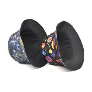 Starry sky bucket hats with celestial sun moon patterns and solar system planet prints