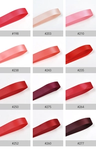 Color chart showcasing 9mm red and pink satin ribbons for wedding gift packaging