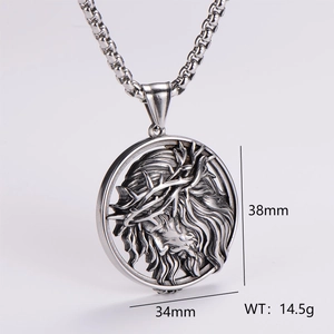 Retro stainless steel Jesus thorn crown pendant necklace showing dimensions 38mm x 34mm