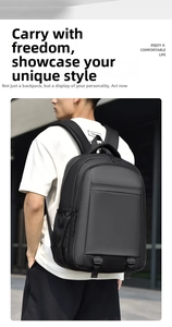 Man wearing large black business laptop backpack in outdoor setting with modern urban background