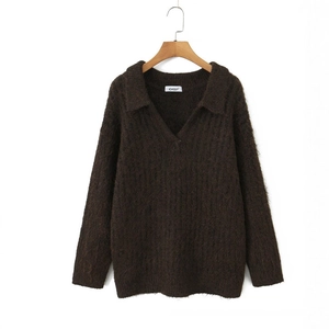 Deep brown knitted long sleeve polo sweater with fuzzy texture and V-neck collar