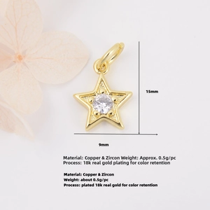 Detailed view of an 18k gold plated star pendant with sparkling zircon for DIY jewelry