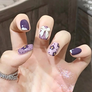 Purple Gradient Press On Nails Cute 3D Bow Flower Pattern Short Square Oval Artificial Fake Nails Decorative For Women