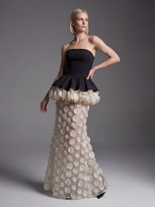 Strapless Polyester Evening Dress Black White Color Block 3D Petal Mesh Mermaid Long Gown For Women Elegant Party Wear