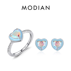 S925 sterling silver jewelry set featuring heart-shaped opal ring and matching earrings