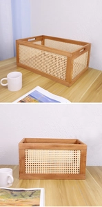 Close-up of vintage hand-woven rattan storage basket with wood frame and built-in handles