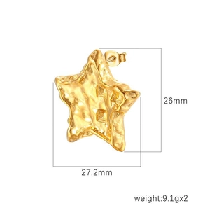 Gold star earrings with irregular texture showing 27.2mm width and 26mm height dimensions
