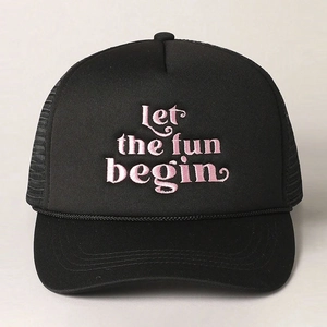 Detail of pink 'Let the fun begin' embroidery on black foam trucker mesh cap