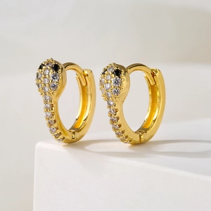 18K gold plated snake hoop earrings with micro-pave cubic zirconia and black stone eyes
