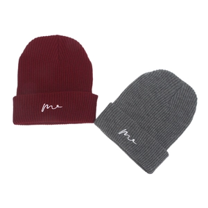 Winter ribbed knit beanies in dark red and grey with me embroidery on folded brim