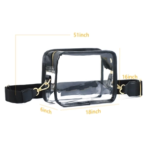 Detailed view of clear PVC crossbody bag with black trim and 18-inch length dimensions