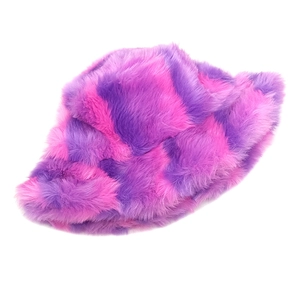 Close-up of pink and purple checkered faux fur texture on a warm winter bucket hat