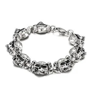 Bracelet Tête De Mort En Acier Inoxydable Pour Hommes Gothique Punk Rétro Couleur Argent Bijoux Motard Avec Fermoir Mousqueton