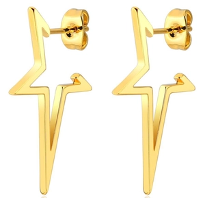 Macro detail of gold stainless steel star earrings with asymmetric geometric design