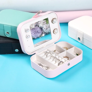 Portable Jewelry Box PU Leather Organizer With Mirror For Rings Earrings Necklaces Travel Storage Case Solid Color
