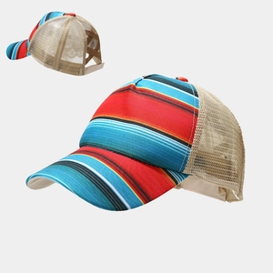 Ponytail Baseball Cap Women Serape Rainbow Striped Mesh Trucker Hat Cross Elastic Band Breathable Adjustable Sun Protection