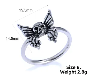 Macro detail of gothic skull and butterfly ring with size dimensions and weight
