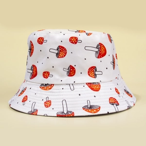White mushroom pattern bucket hat for women with red and white spotted print details