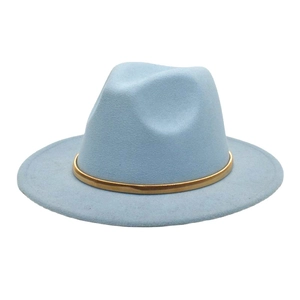 Detailed view of light blue wool fedora hat with elegant gold metal band trim