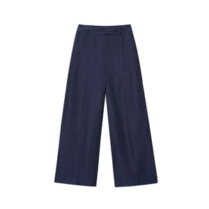 Women's dark blue high waist wide leg trousers in breathable linen texture, minimalist design