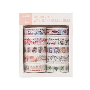 Detail view of 10-roll masking tape set with cat and floral patterns in window box