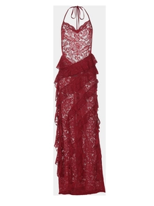 Detail of dark red lace long dress featuring tiered ruffles and halter neck design