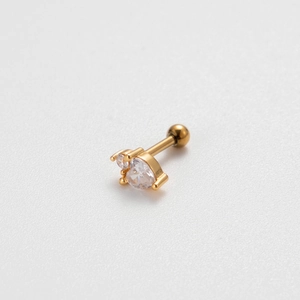 Close-up of gold stainless steel stud earring with three clear heart-shaped zircons