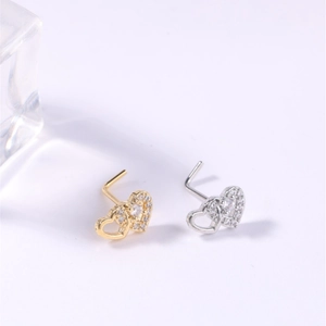 L-shaped heart nose studs in gold and silver finish with sparkling pave zircon stones
