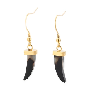 Elegant gold-tone horn-shaped earrings with dark marble texture on white background