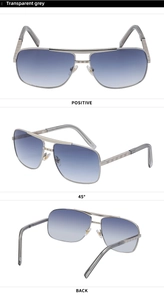 Detailed views of men's vintage square sunglasses in transparent grey with metal frames