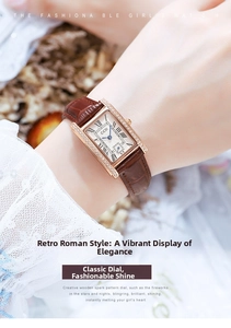 Detail of square vintage watch with rhinestone bezel and brown leather strap on wrist