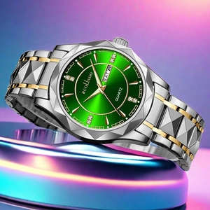 Men's two-tone gold and silver watch with a sunburst green dial and luminous markers