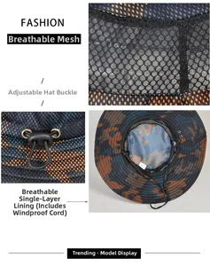 Detail of camouflage sun hat featuring breathable mesh, adjustable cord and windproof strap