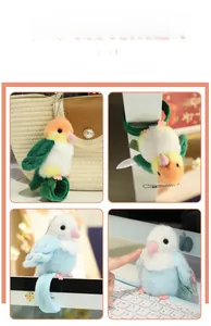 Detail of plush parrot slap bracelets in blue and yellow attached to a bag and monitor