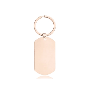 Detailed close-up of rose gold stainless steel rectangle key ring with a polished finish
